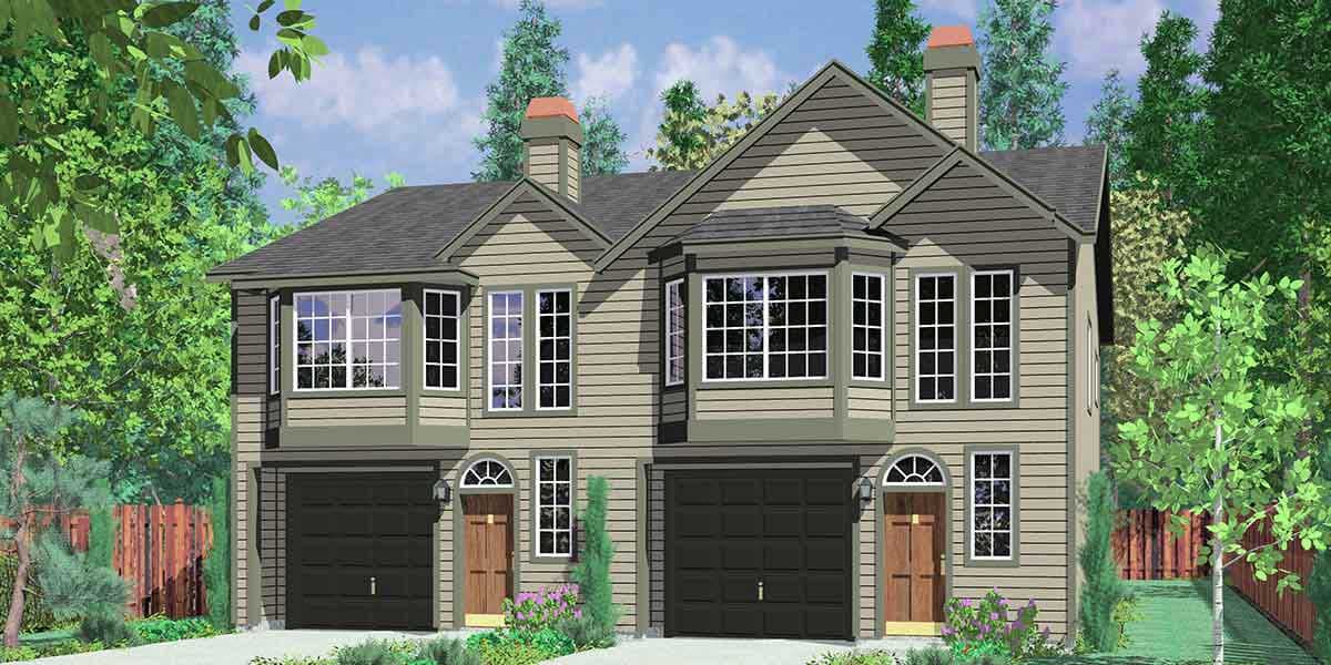 House plan exterior. Two-story townhouse with bay windows, gabled rooflines, two garage bays, and chimneys. Craftsman style evident.
