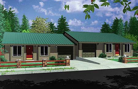 House plan exterior: Modern Ranch style, one story, with green metal roof, two car garage, and red front doors.