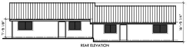 Rear elevation house plan showing two units with two windows and one door each, a corrugated roof, and height dimensions.