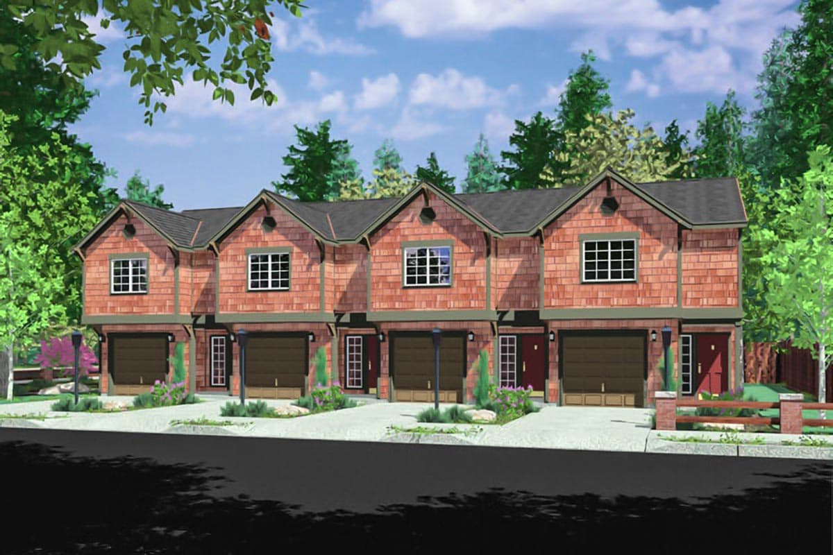 House plan exterior. Multi-unit building with two stories, Craftsman style. Features include gabled roofs, garage doors, and shingle siding.