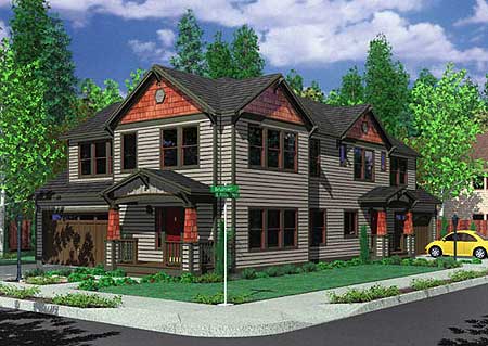 Craftsman style house plan exterior, two stories, with gables, covered porch, and attached garages.
