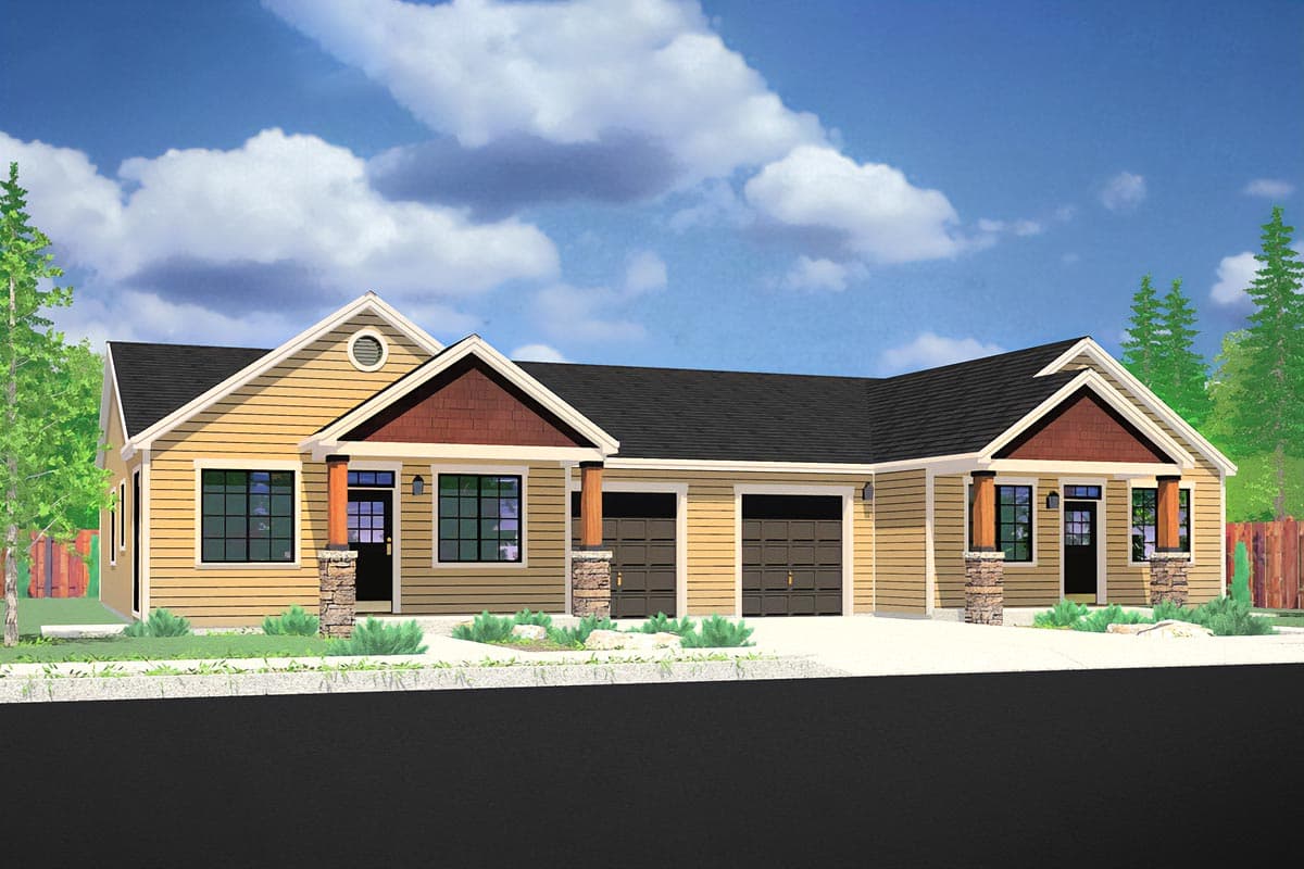 House plan exterior: Ranch style, single story with a two-car garage, prominent gables, and stone-clad porch columns.