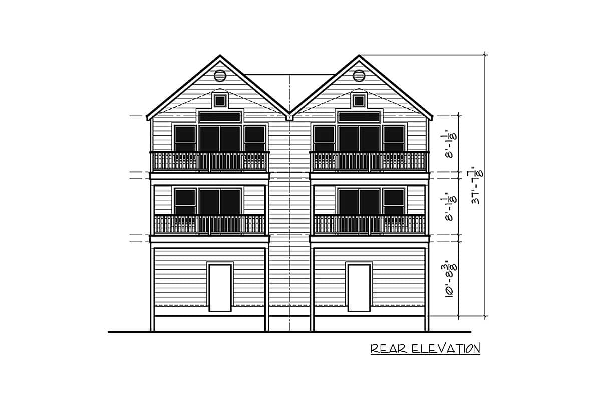 Rear elevation drawing of a two-story house plan with two gables, multiple balconies, and horizontal siding.