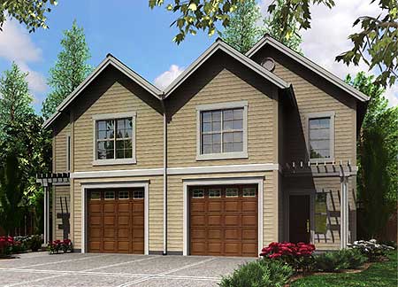 House plan exterior features two attached garages, siding, and gabled rooflines. Two stories visible.