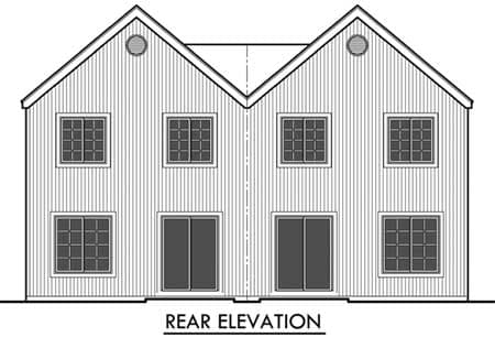 Rear elevation drawing of a two-story house plan featuring symmetrical gables, four windows per floor, and two sliding glass doors.