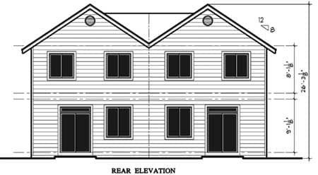 Rear elevation drawing of a two-story house plan with double gables, six windows, and two sliding glass doors.