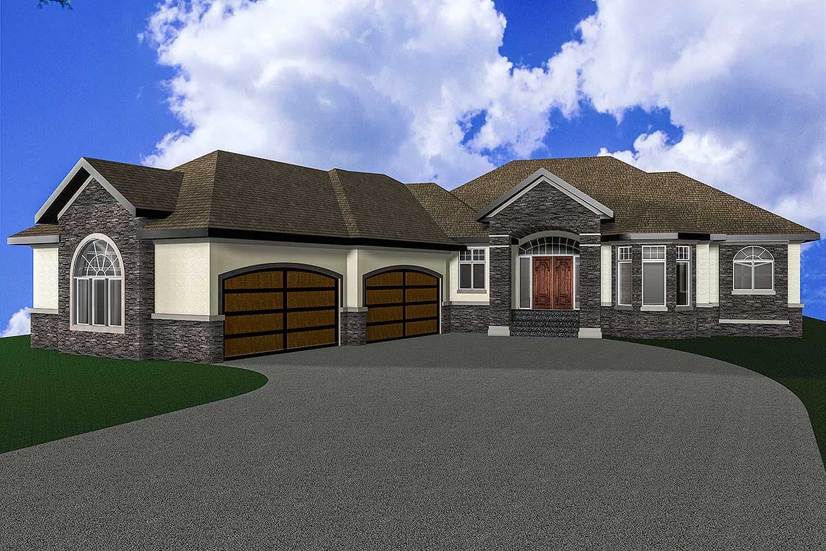 House plan exterior: Two-story modern home with stone facade, arched windows, pitched roof, and three-car garage.
