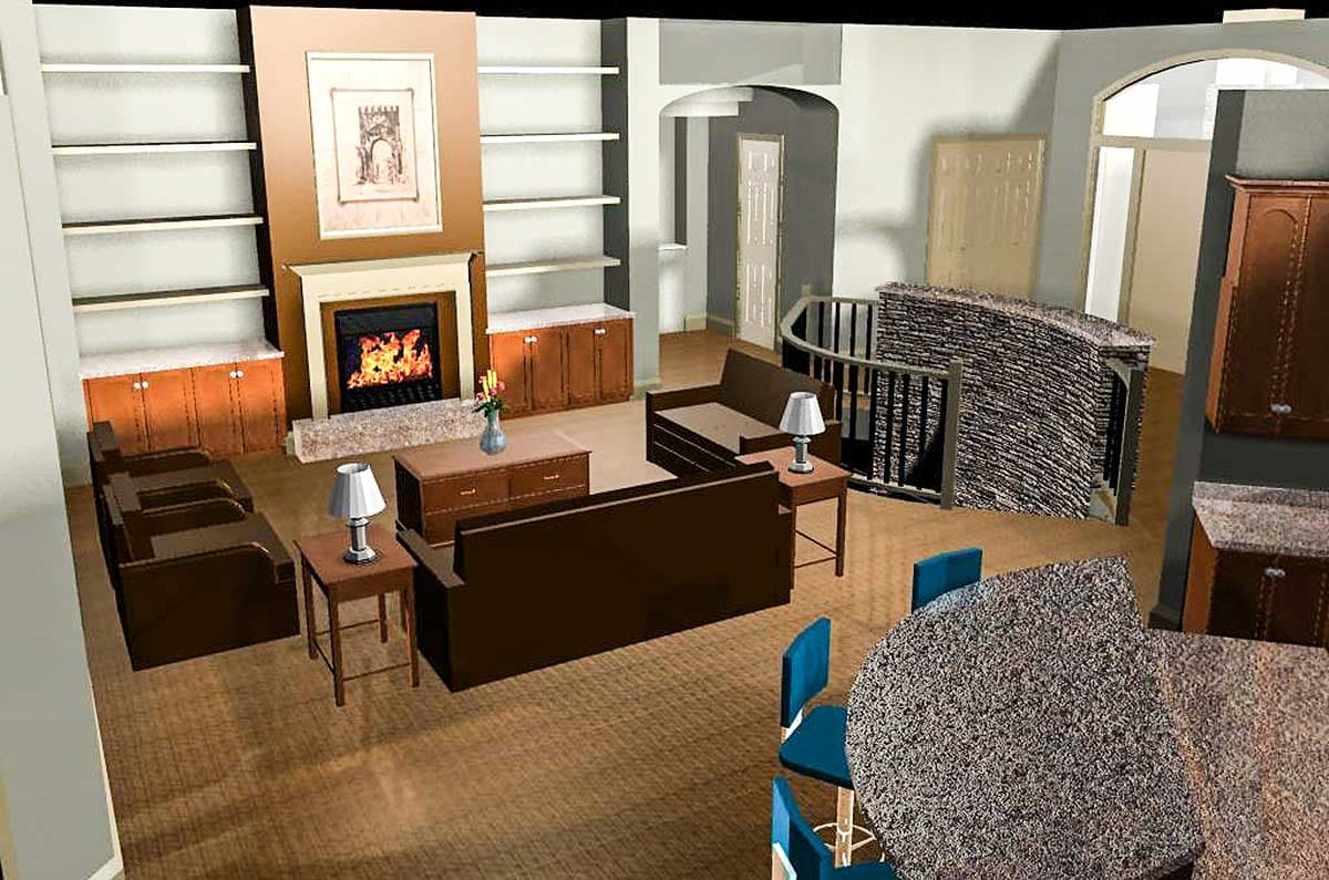 Living room rendering with fireplace, built-in shelving, seating, and a curved staircase.