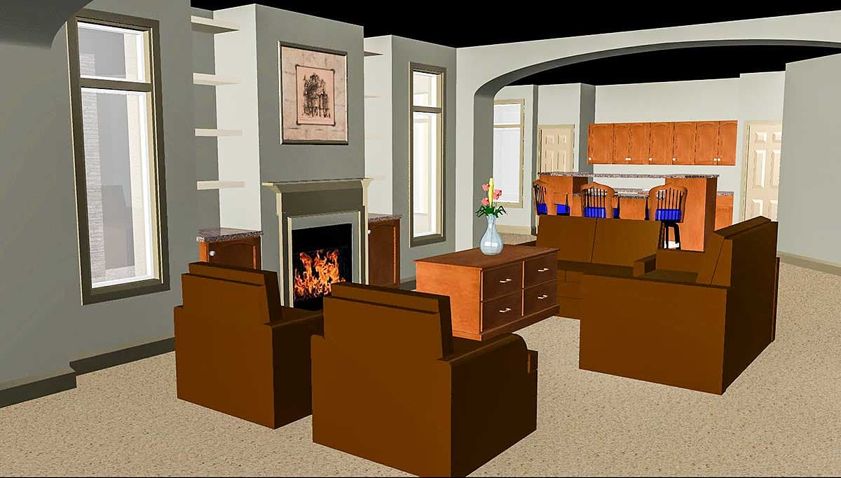 Interior rendering of a living room and kitchen area with a fireplace, seating, and island.