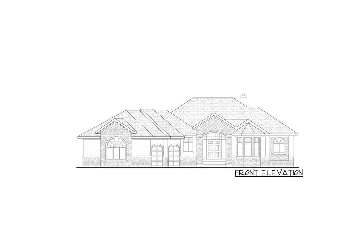 Front elevation drawing of a one-story house with a symmetrical facade, arched windows, and a covered entry.
