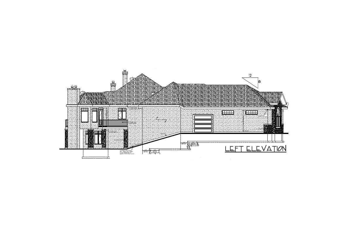 Left elevation house plan drawing showing a two-story house with multiple gables, chimneys, balcony, and a three-car garage.