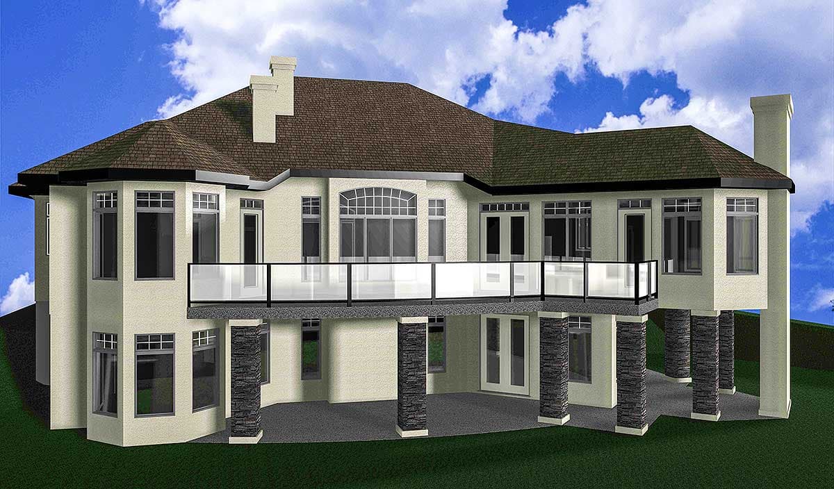House plan exterior: two-story design with a stepped roofline, expansive windows, a glass-paneled deck, and stone-clad support columns.