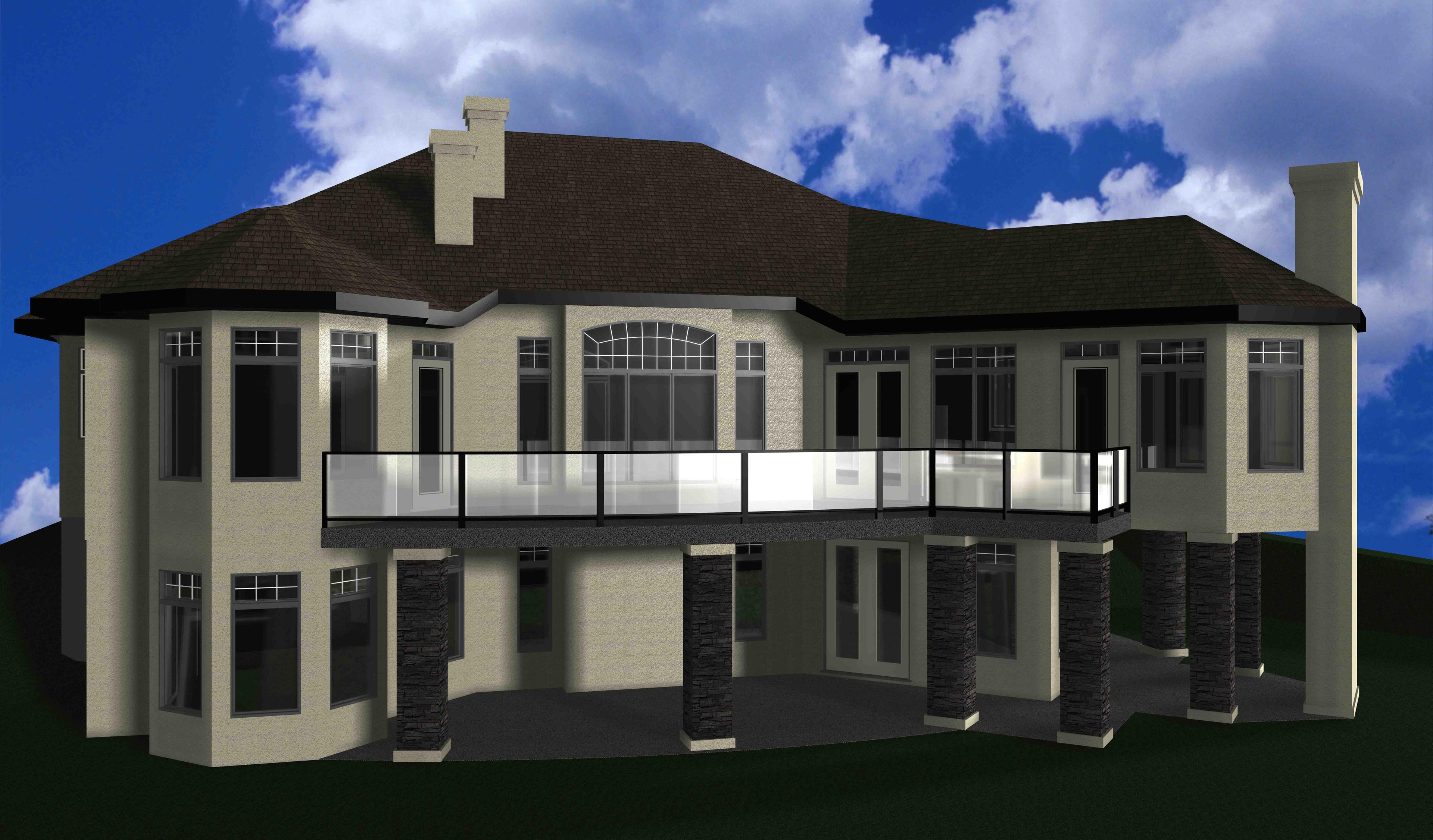 House plan exterior: Two-story, multi-level roofline, prominent chimney, second-story deck with glass railing, and stone-clad support columns.