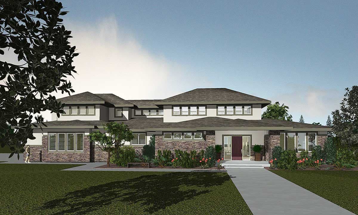 Modern two-story house plan exterior with stone accents, a wide porch, and numerous horizontal windows.