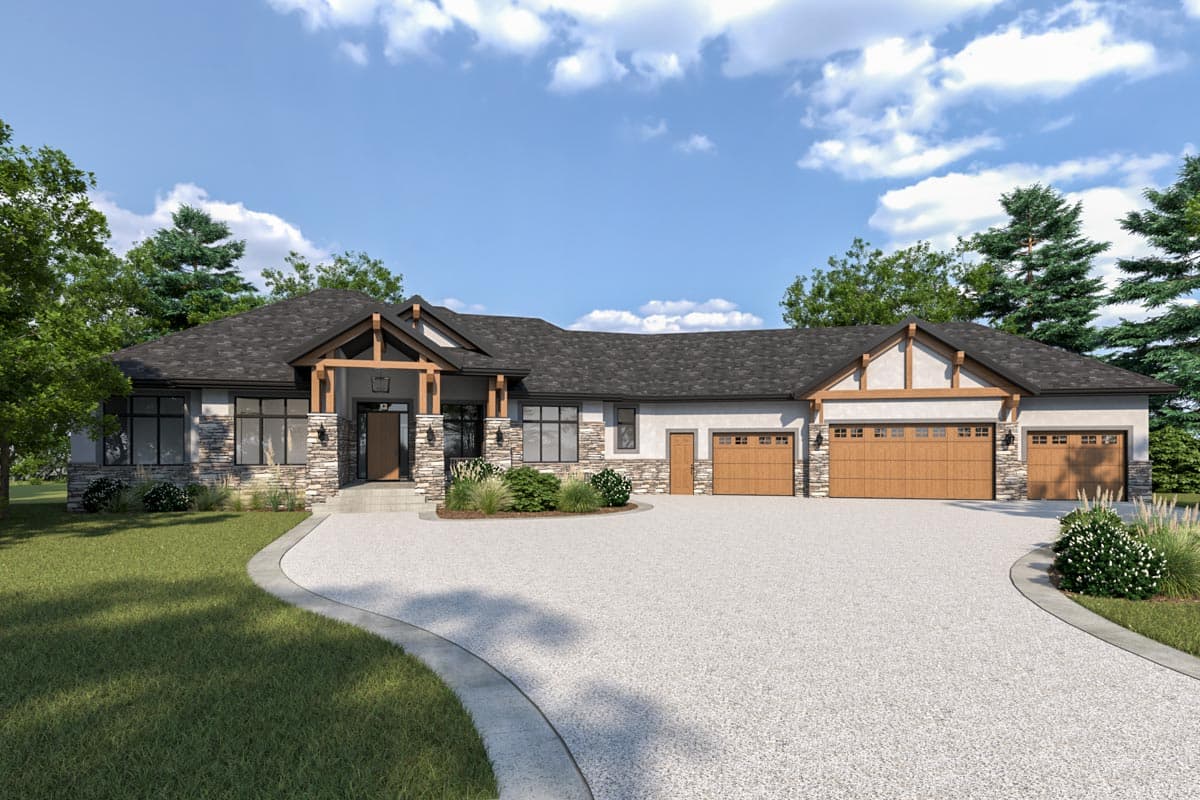 House plan exterior. Ranch-style home with timber-framed entry porch, stone accents, and three-car garage. A long, low roofline is visible.
