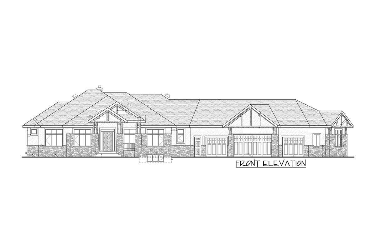 Front elevation drawing of a single-story house plan with a covered entry, stone accents, and a three-car garage.