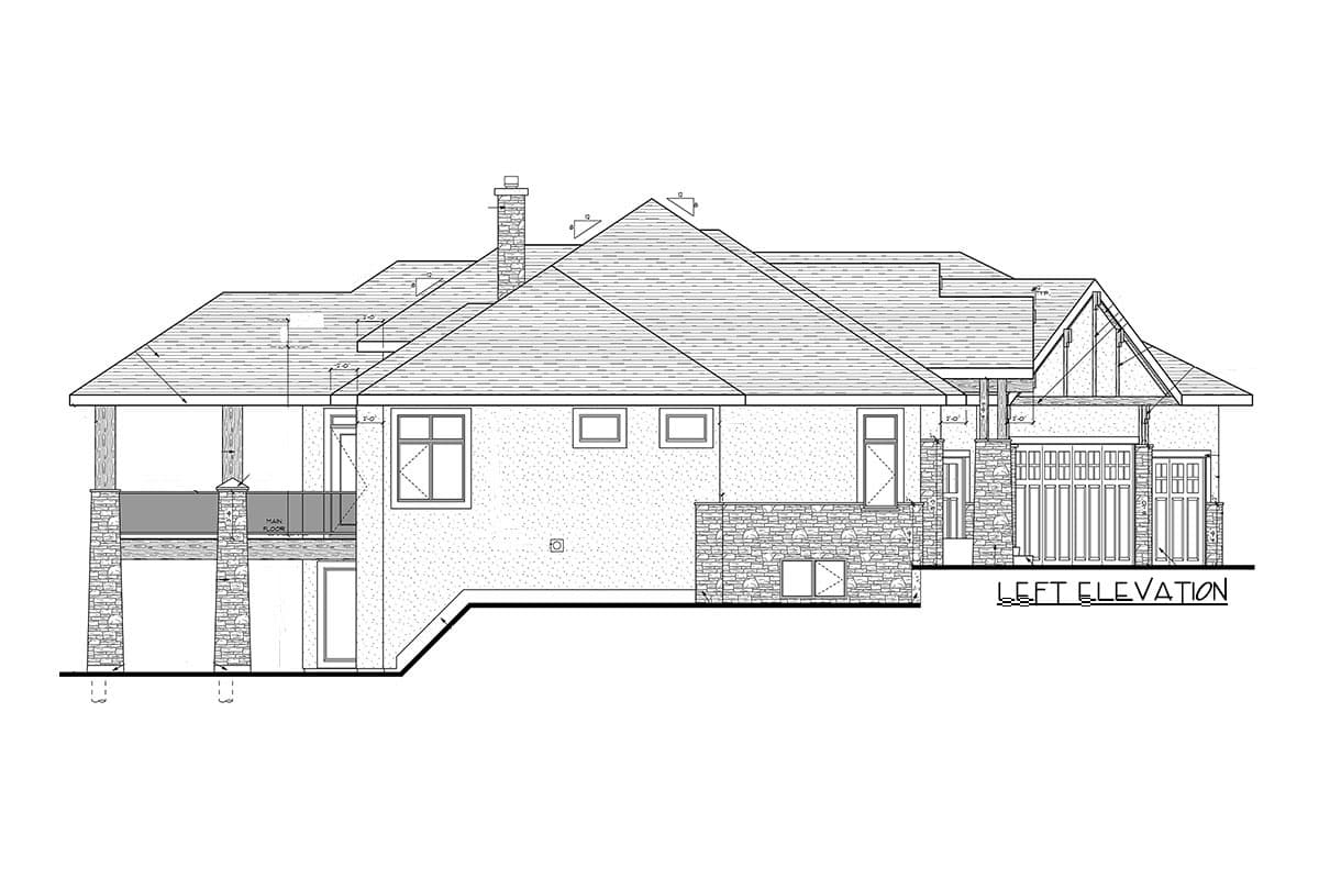 Left elevation of a house plan featuring a covered deck, stone accents, pitched rooflines, and a triple-car garage.