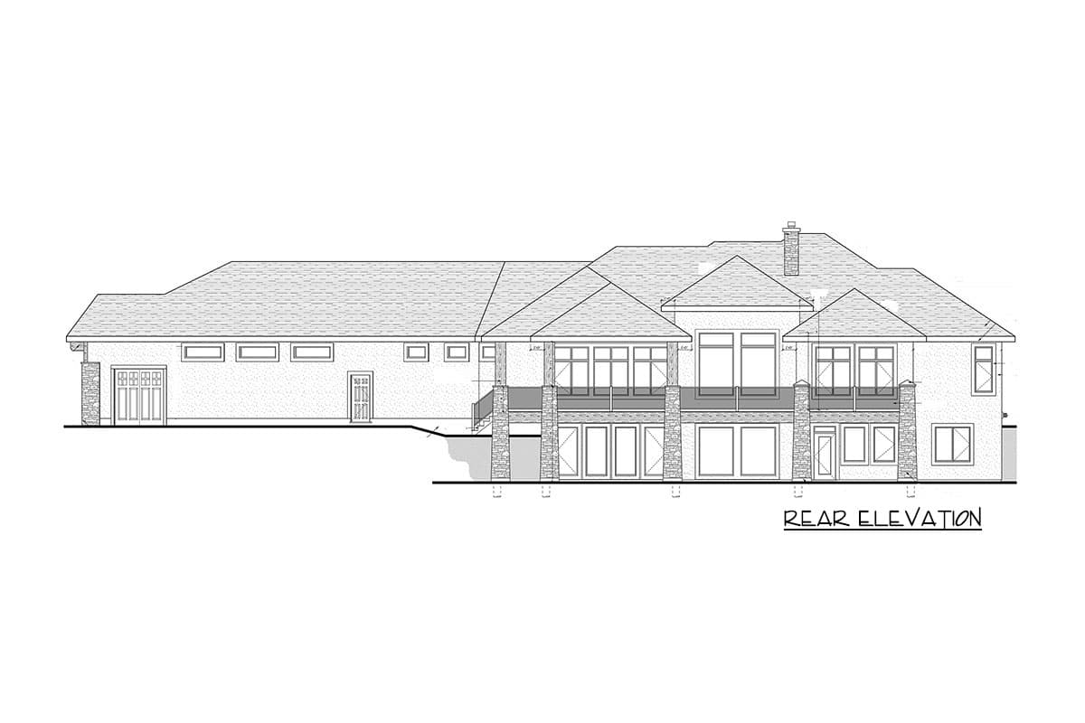 Rear elevation drawing of a house plan featuring a multi-level roof, large windows, a covered deck, and a three-car garage.