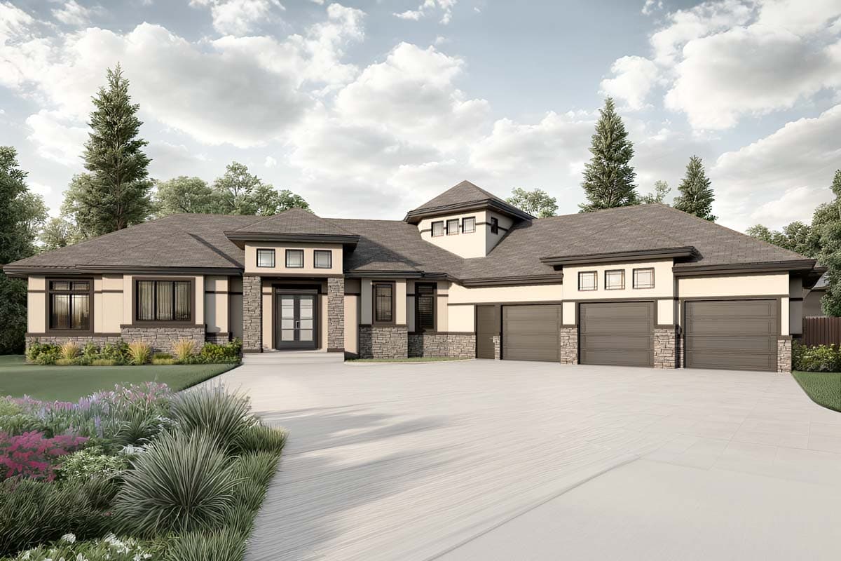 House plan exterior. Modern style, one-story home with a hipped roof and stone accents. Features include a triple garage and covered entry.