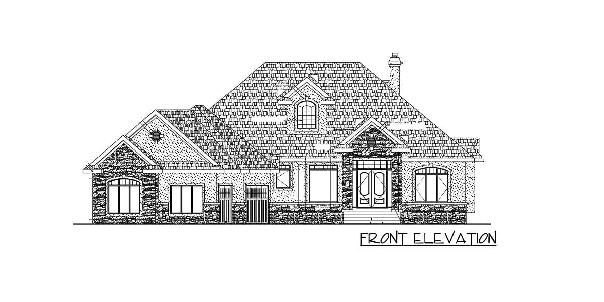 Front elevation house plan drawing with stone accents, multiple gables, dormer window, and a hip roof.