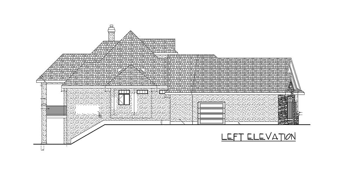 Left elevation drawing of a house plan featuring multiple gables, a chimney, a balcony, and a three-car garage.
