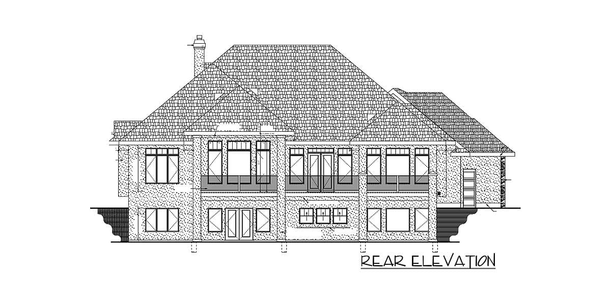 Rear elevation drawing of a two-story house with multiple gables, balconies, and a prominent chimney.
