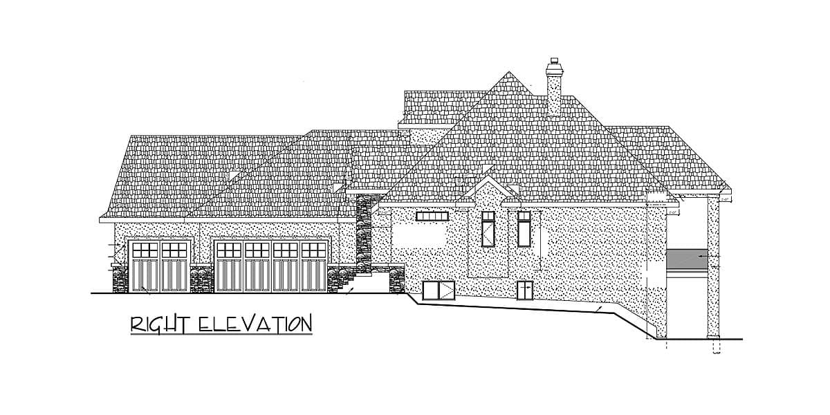 Right elevation house plan with multiple garage doors, gables, chimney, and covered balcony.