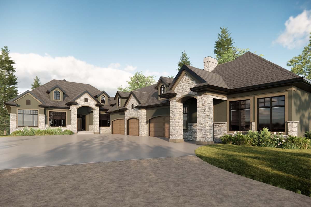 House plan exterior with stone accents, arched entryway, and multiple gabled rooflines. Two-story with garage and dormers.