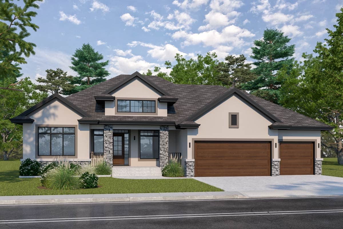 House plan exterior: Modern style, two stories, prominent gables, stone accents on porch columns, and a three-car garage.