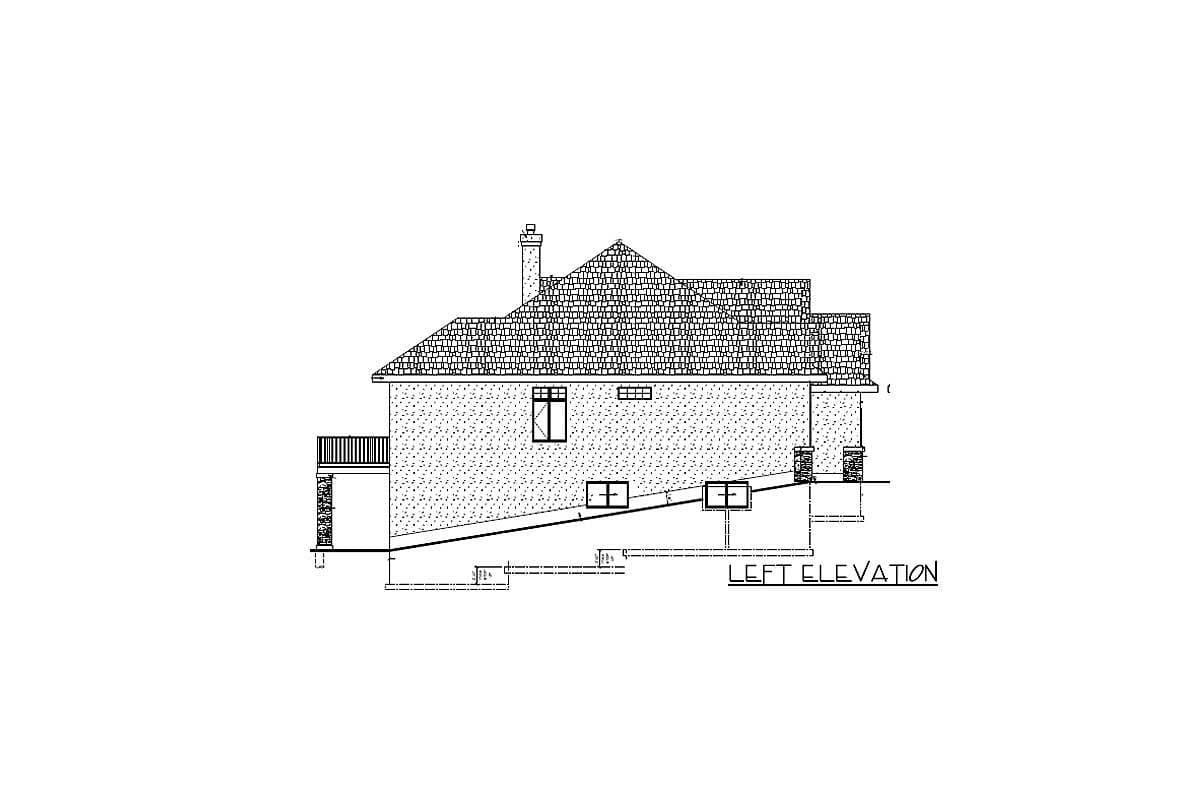 Left elevation drawing of a house plan showing a multi-level structure with a pitched roof, chimney, and deck.