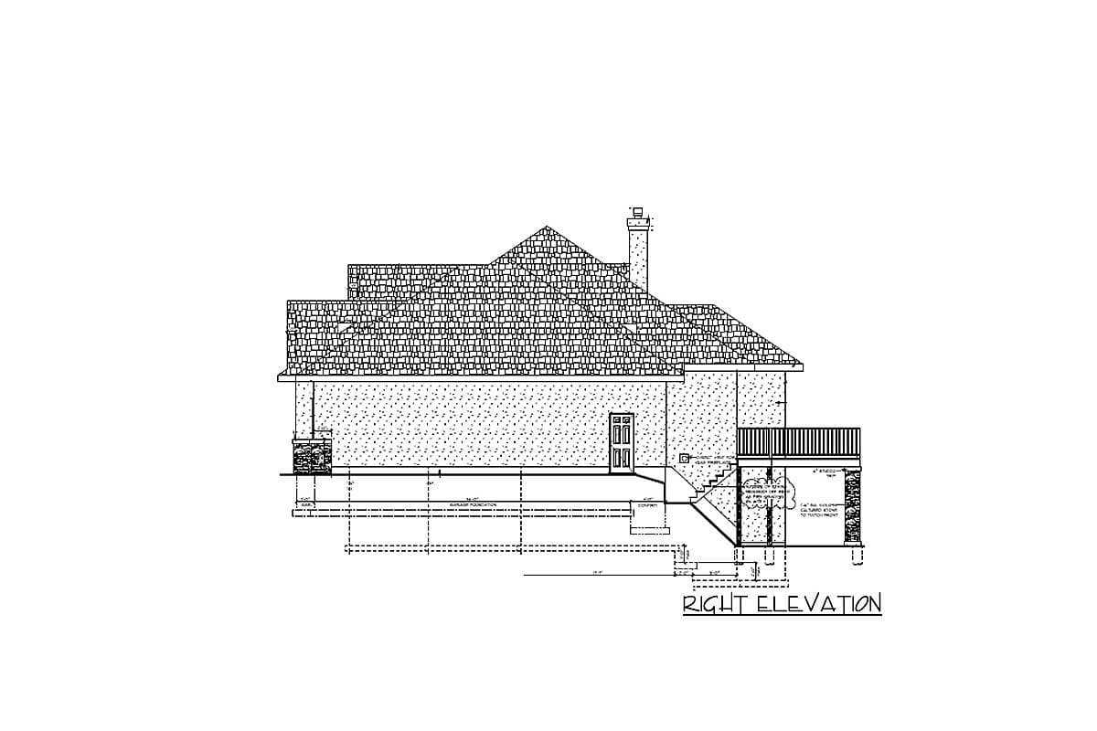 Right elevation house plan showing a multi-level roof, chimney, doorway, and deck with stairs.
