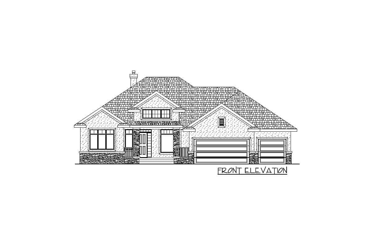 Front elevation drawing of a one-story house plan with a hip roof, gables, and a three-car garage.