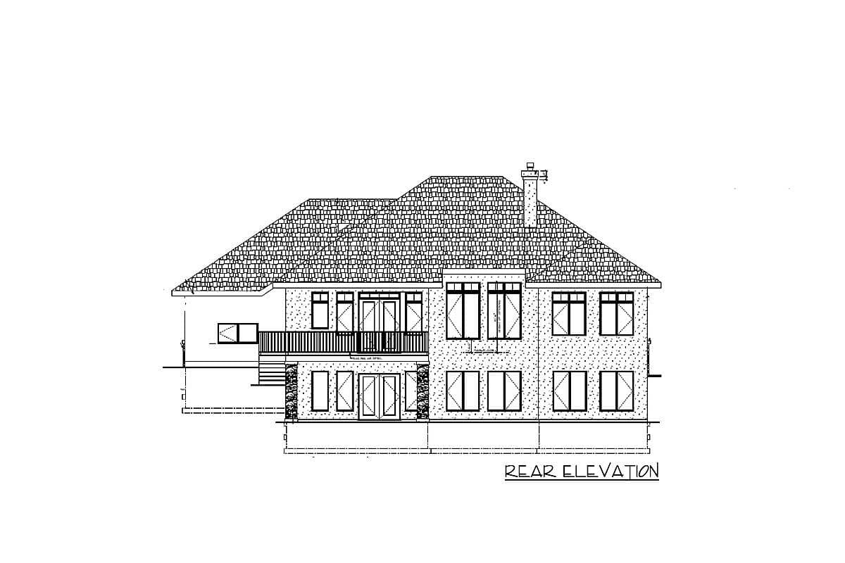 Rear elevation drawing of a two-story house plan with a prominent hip roof, multiple windows, balcony, and chimney.