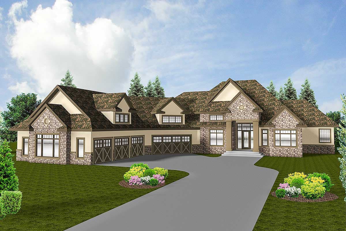 House plan exterior rendering: Ranch style, stone accents, dormers, and a five-car garage.