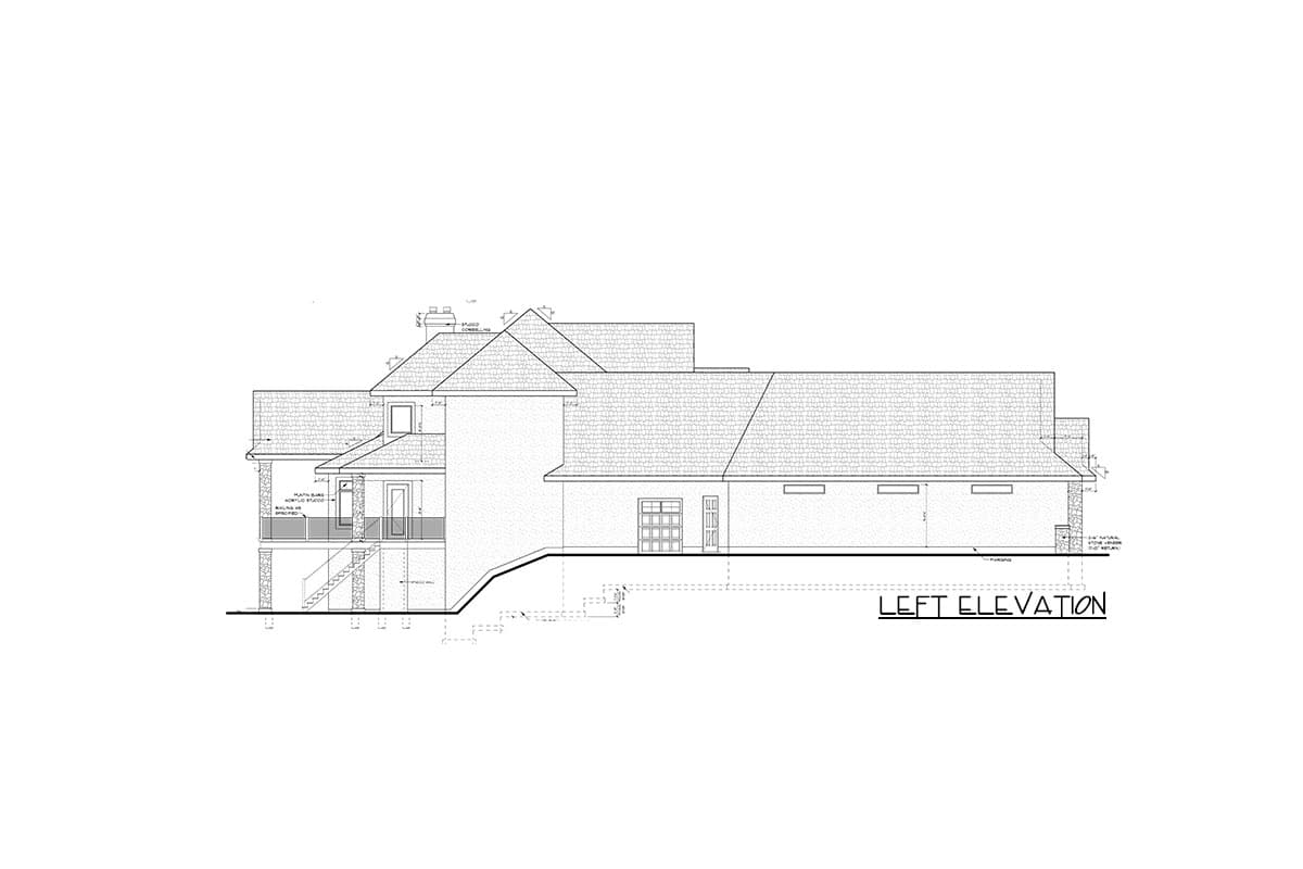 Left elevation drawing of a house plan, showing a garage, covered porch with stairs, and multiple gables.