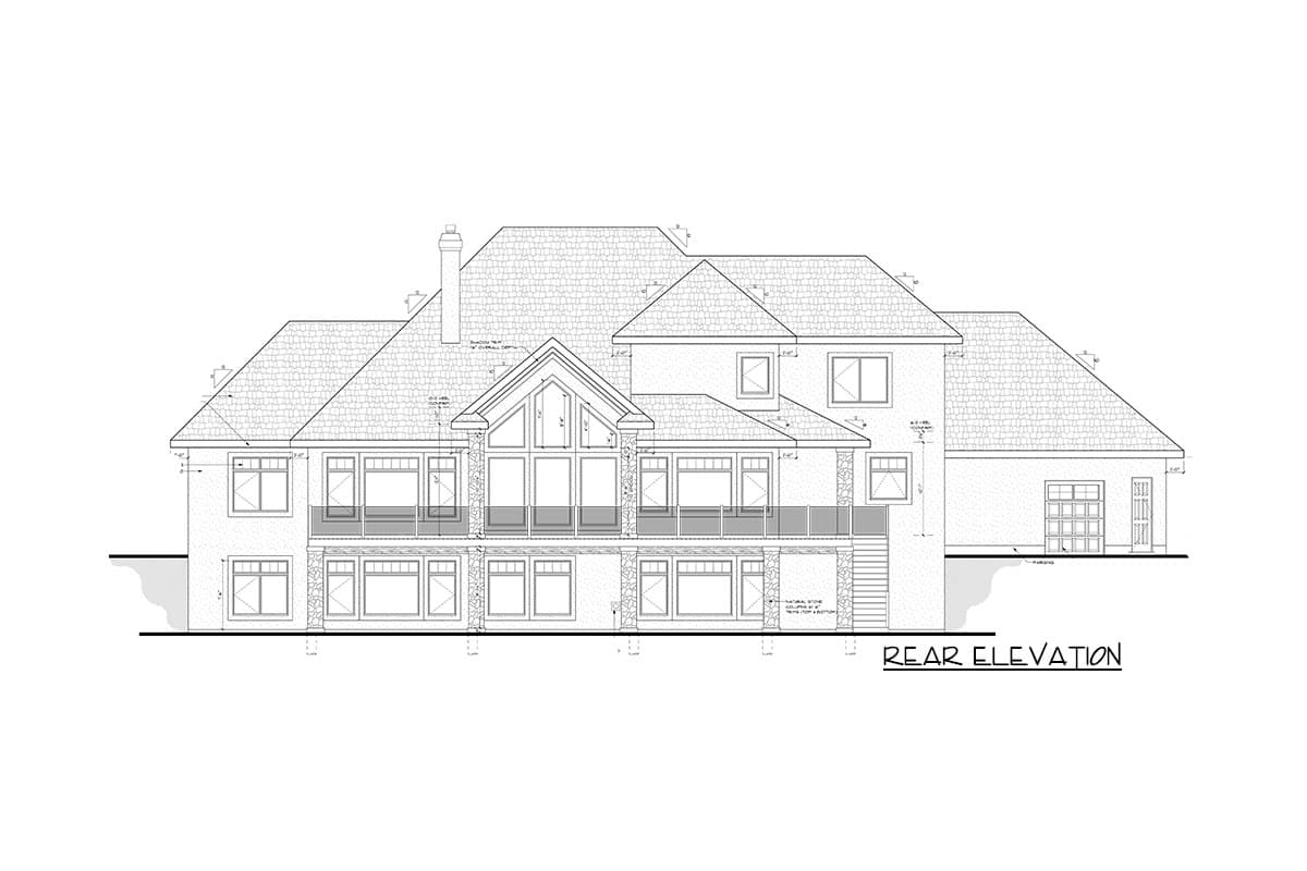 Rear elevation drawing of a multi-story house with large windows, a prominent gable, stone accents, and a two-car garage.