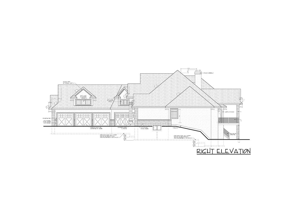 Right elevation house plan showing four garage doors, stone accents, multiple gables, and a dormer.