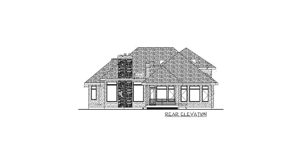 Rear elevation drawing of a house plan featuring multiple gables, a stone chimney, and numerous windows.