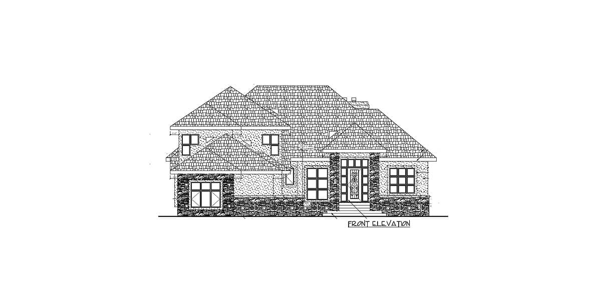 Front elevation house plan for a two-story home with stone accents, multiple gables, and a covered entry.