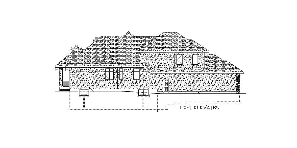 Left elevation drawing of a house plan showing multiple rooflines, windows, and foundation details.