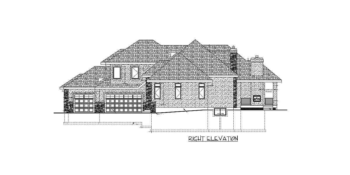 Right elevation house plan drawing showing a multi-story house with a complex roofline, attached garage, and stone chimney.