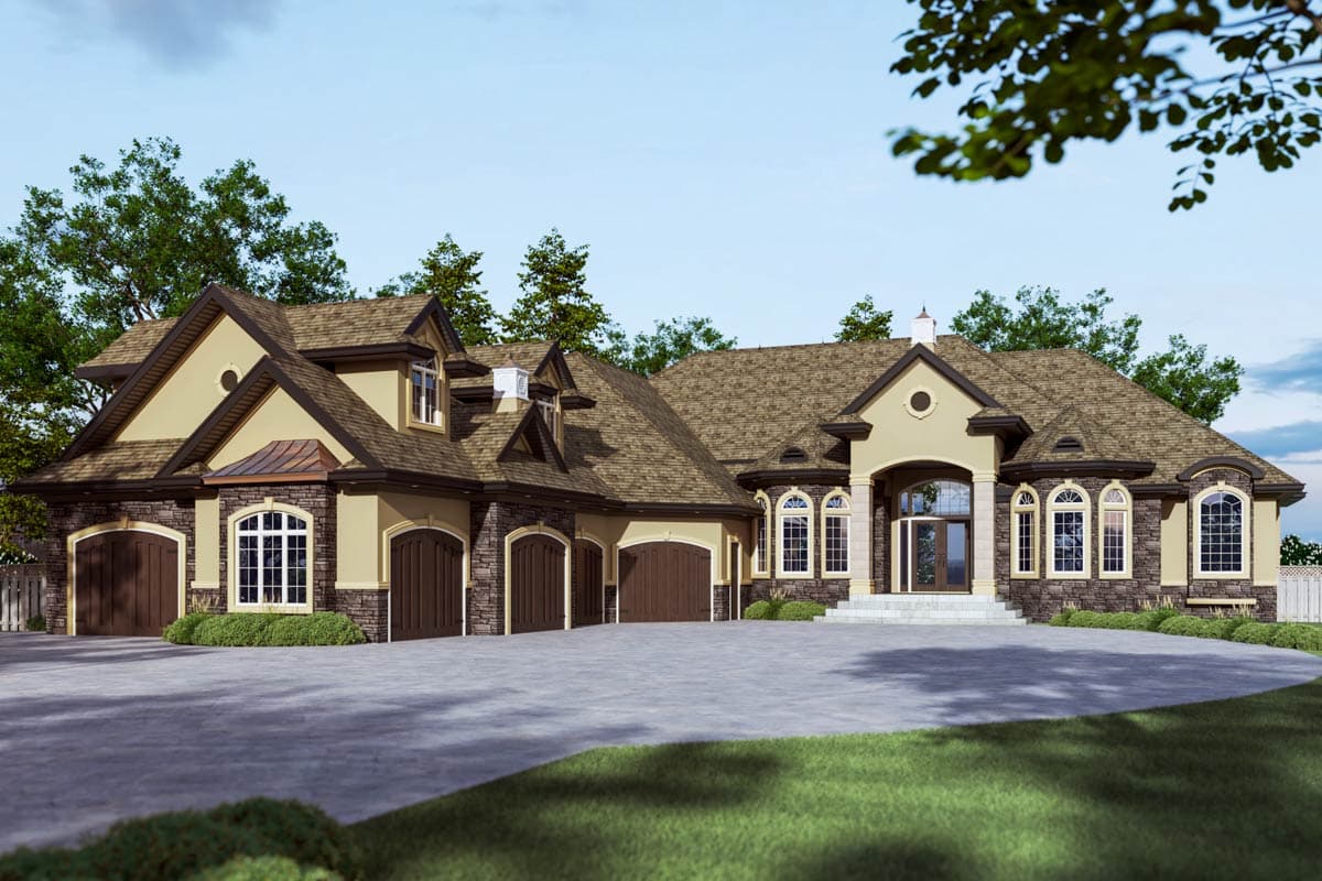 House plan exterior, two stories, prominent arched entryway, multiple gables, and a four-car garage.