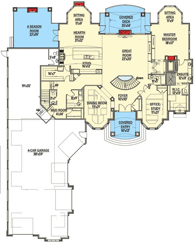 Plan 81610AB: Luxury-filled House Plan with Upstairs Game and Theater Rooms - Floor Plan - Main Level - European, Northwest