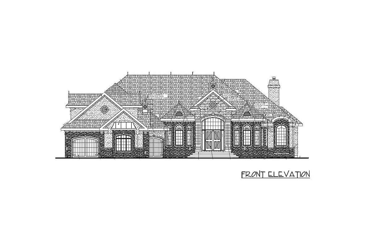 Front elevation of a multi-story house plan with a mansard roof, arched windows, and a three-car garage.