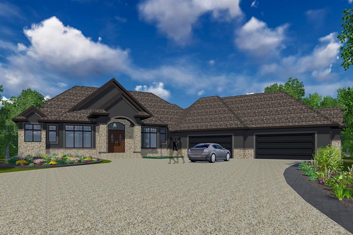 House plan exterior shows a ranch-style home with a stone facade, arched entryway, and a three-car garage.