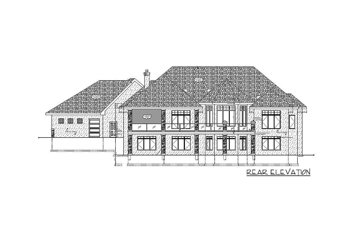 Rear elevation drawing of a multi-story house with a three-car garage, multiple windows, and a covered balcony.