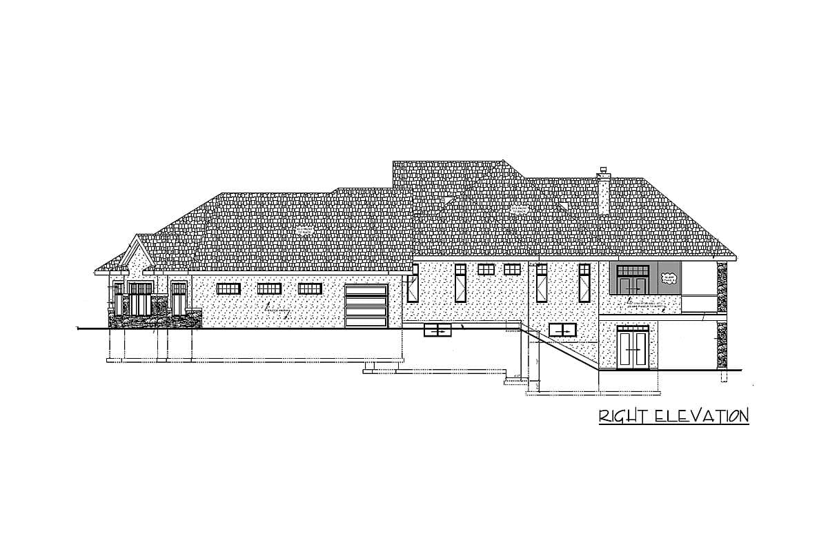 Right elevation house plan showing a multi-level structure with a gabled entry, multiple windows, a garage door, and a chimney.
