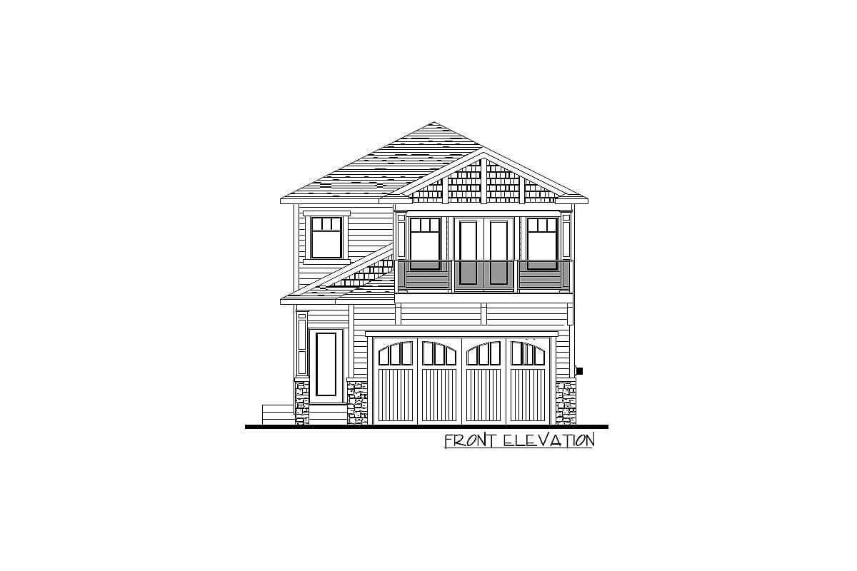 Front elevation house plan with a gable roof, second-story balcony, and a four-car garage.