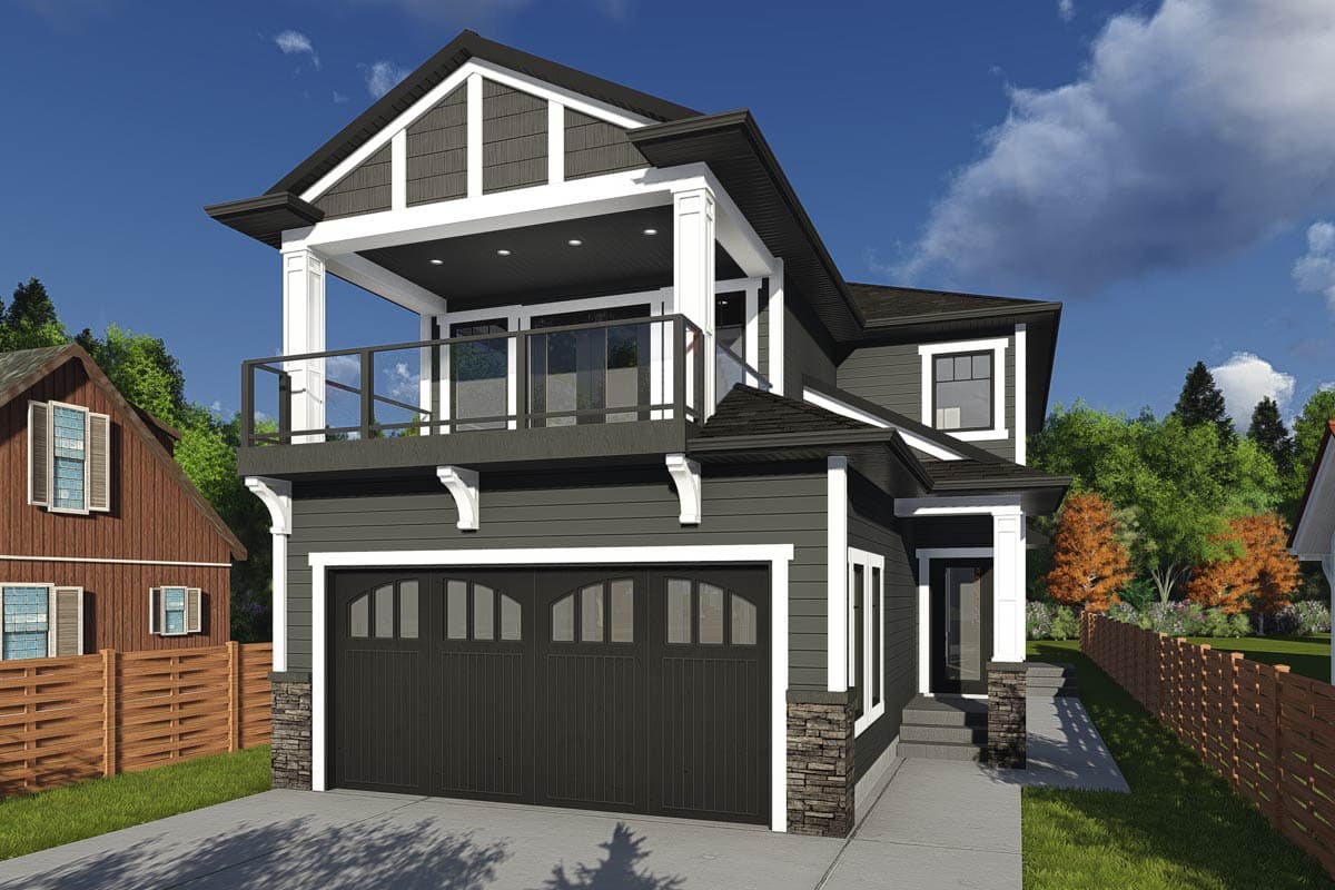Modern house plan exterior: two stories, upper balcony with glass railing, three-car garage, and gable roofline.