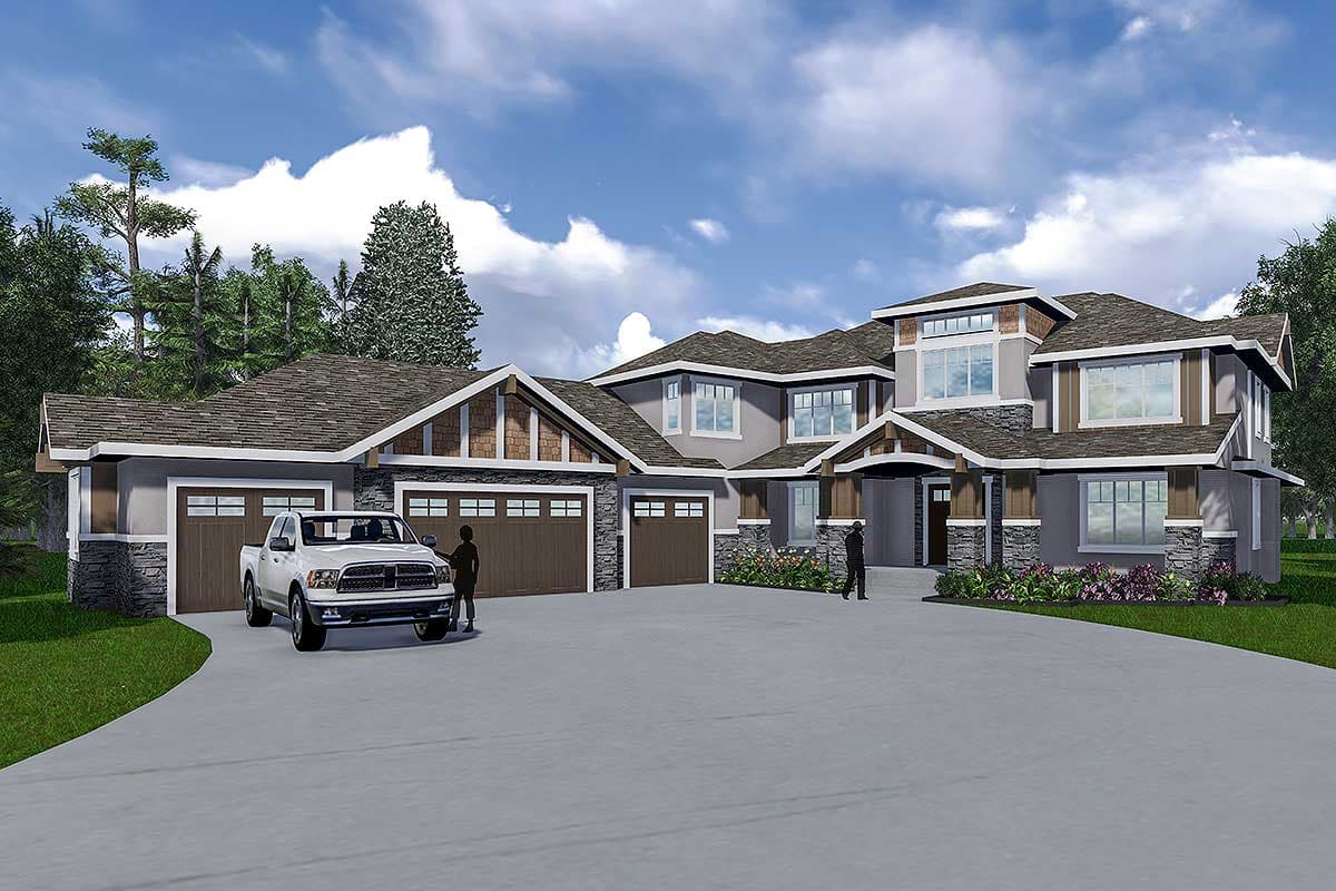 House plan exterior rendering with a five-car garage, varied rooflines, stone accents, and gabled dormers.